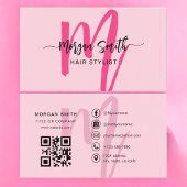 Hot Pink Modern Script QR Code Monogram Name Visitenkarte
