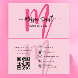 Hot Pink Modern Script QR Code Monogram Name Visitenkarte