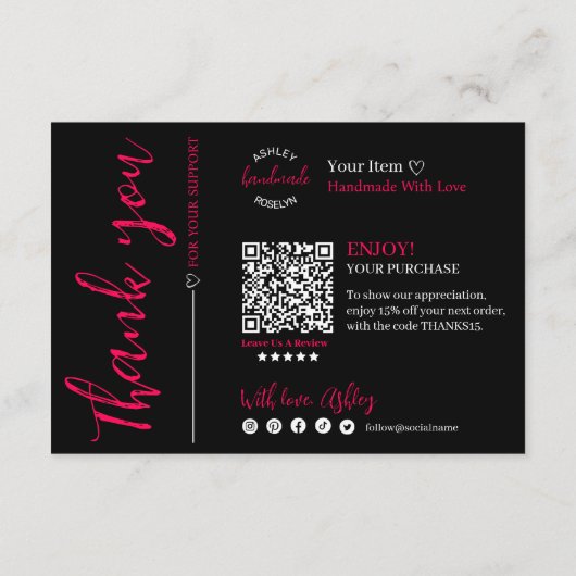 Hot Pink, moderner Script QR Code, vielen Dank für Begleitkarte (Rückseite)