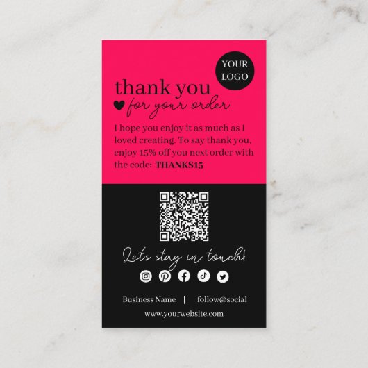 Hot Pink Moderner Script QR Code, vielen Dank Visitenkarte (Rückseite)