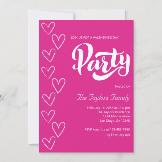 Hot Pink Modernes Weißes Herz Valentinstag Party Einladung (Vorderseite)