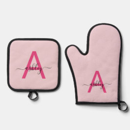 Hot Pink Monogram Girl's Kitchen Script Ofenhandschuh & Topflappen-Set