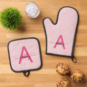 Hot Pink Monogram Girl's Kitchen Script Ofenhandschuh & Topflappen-Set (Oben Unten)