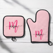 Hot Pink Monogram Girl's Kitchen Script Ofenhandschuh & Topflappen-Set