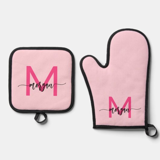 Hot Pink Monogram Girl's Kitchen Script Ofenhandschuh & Topflappen-Set (Vorderseite)