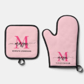 Hot Pink Monogram Girl's Kitchen Script Ofenhandschuh & Topflappen-Set (Vorderseite)