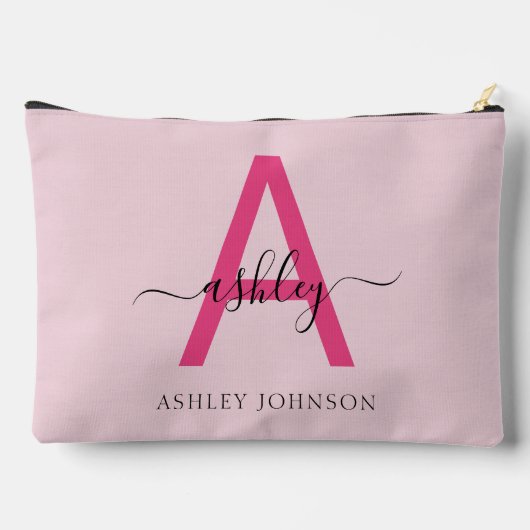 Hot Pink Monogram Name Girl's Script Zubehörtasche (Rückseite)