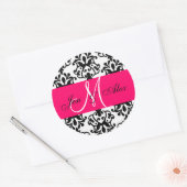 Hot Pink Monogram Names Damask Wedding Siegel Runder Aufkleber (Umschlag)