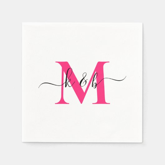 Hot Pink Monogram Swash Script White Cocktail Serviette (Vorderseite)