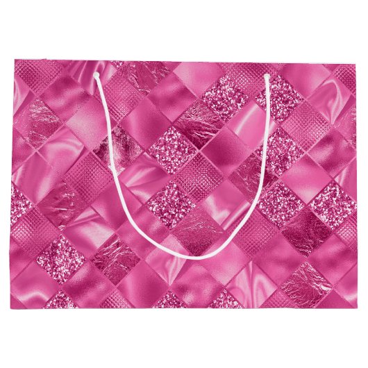 Hot Pink Multi-Texture Square Weave Muster Große Geschenktüte (Rückseite)