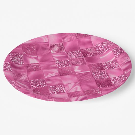 Hot Pink Multi-Texture Square Weave Muster Pappteller (Schrägansicht)