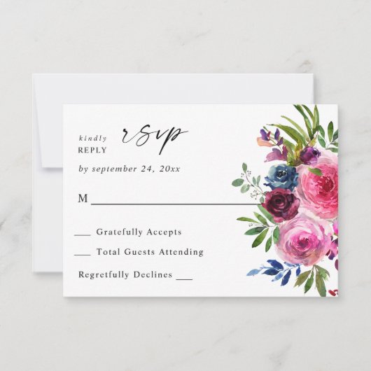 Hot Pink & Navy Blue Floral auf Mahlzeit V3 RSVP Karte (Vorderseite)