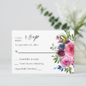 Hot Pink & Navy Blue Floral auf Mahlzeit V3 RSVP Karte (Stehend Vorderseite)