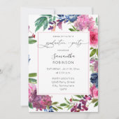 Hot Pink & Navy Blue Floral Graduation Party Einladung (Vorderseite)