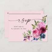 Hot Pink & Navy Blue Floral mit Meal V3 Rosa RSVP Karte (Vorne/Hinten)