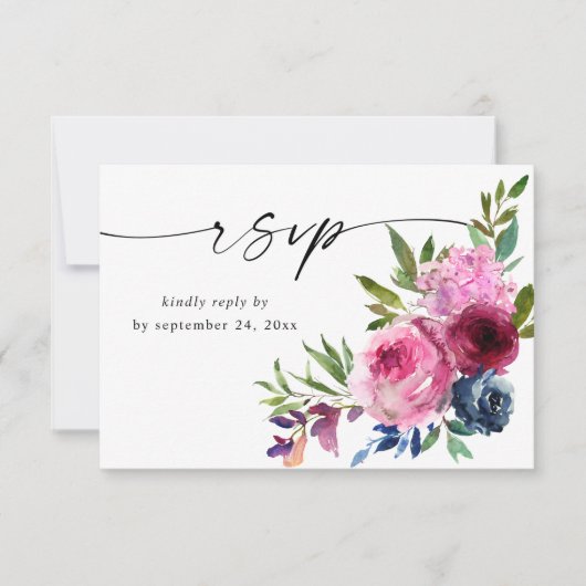 Hot Pink & Navy Blue Floral mit Meal V3 RSVP Karte (Vorderseite)
