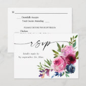 Hot Pink & Navy Blue Floral mit Meal V3 RSVP Karte (Vorne/Hinten)