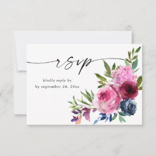 Hot Pink & Navy Blue Floral mit Meal V3 RSVP Karte
