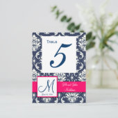 Hot Pink Navy Damask Hochzeitsstiftung Tischnummer (Stehend Vorderseite)