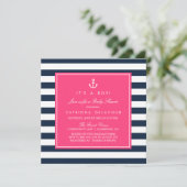 Hot Pink & Navy Nautical Baby Dusche Einladung (Stehend Vorderseite)