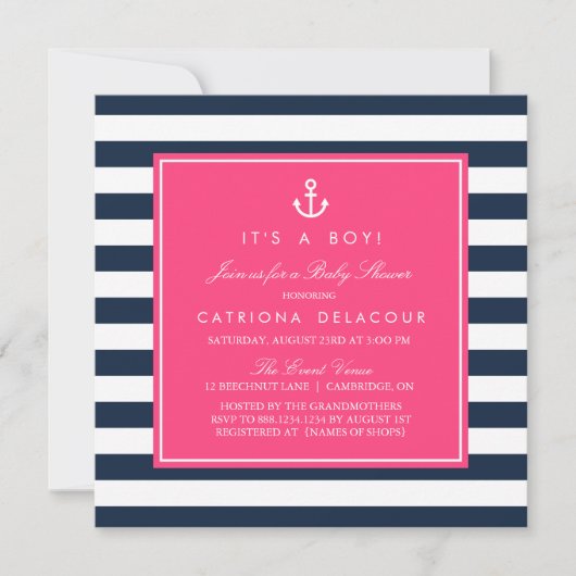 Hot Pink & Navy Nautical Baby Dusche Einladung (Vorderseite)