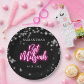 Hot Pink Neon-Themed Bat Mitzvah Pappteller (Party)