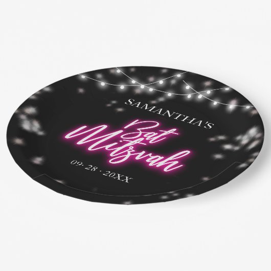Hot Pink Neon-Themed Bat Mitzvah Pappteller (Schrägansicht)