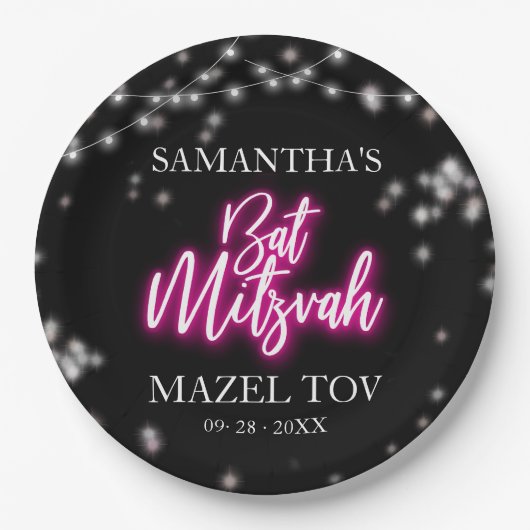 Hot Pink Neon-Themed Bat Mitzvah Pappteller (Vorderseite)