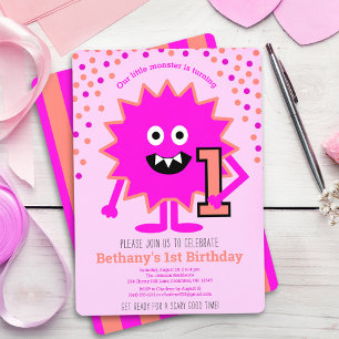 Hot Pink Niedlich Kleines Monster 1. Geburtstag Cu Einladung