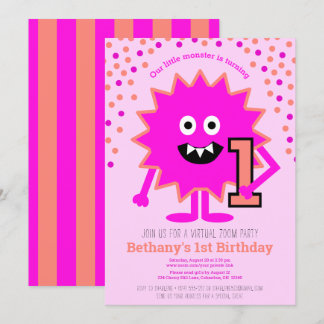 Hot Pink Niedlich Little Monster Virtual 1. Geburt Einladung