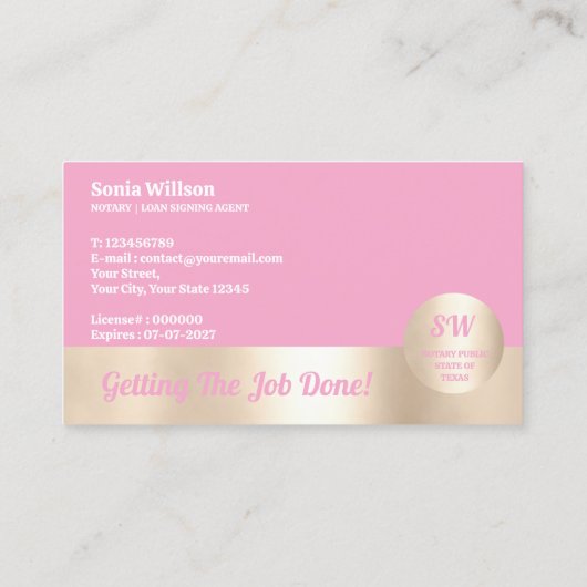 Hot Pink Notary Loan Signing Agent Calligraphy Visitenkarte (Rückseite)