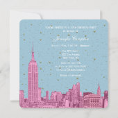 Hot Pink NYC Skyline Etch Blue Starry SQ Sweet 16 Einladung (Rückseite)
