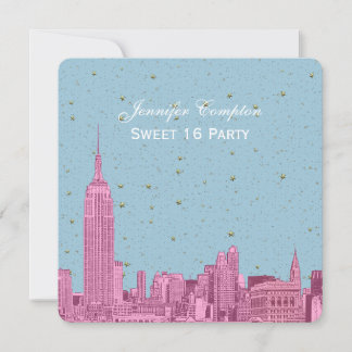 Hot Pink NYC Skyline Etch Blue Starry SQ Sweet 16 Einladung