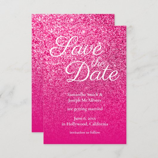 Hot Pink Ombre Glitzer Save the Date Einladung (Vorne/Hinten)