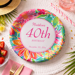 Hot Pink Orange Blume 40. Geburtstag Pappteller
