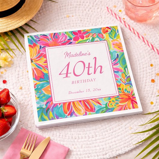 Hot Pink Orange Blume 40. Geburtstag Serviette