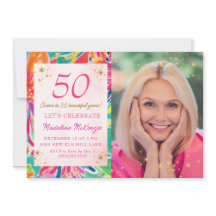 Hot Pink Orange Flowers Gold Glitter Photo 50th