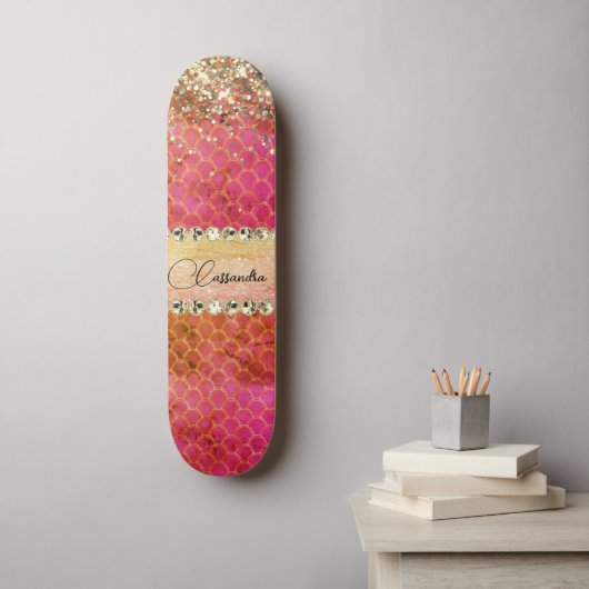 Hot Pink Orange Glittery Diamant Blend Skateboard (Wandkunst)