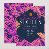 Hot Pink Orange Navy Tropical Palm Blätter Sweet 1 Einladung (Vorne/Hinten)