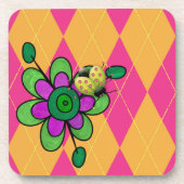 Hot Pink & Orange Raute Ladybug & Blume Getränkeuntersetzer (Vorderseite)