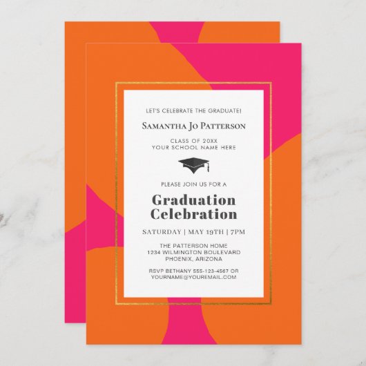 Hot Pink Orange Trendy Graduation Party Einladung (Vorne/Hinten)