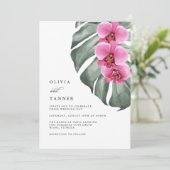 Hot Pink Orchids Tropical Wedding mit QR-Code Einladung (Stehend Vorderseite)