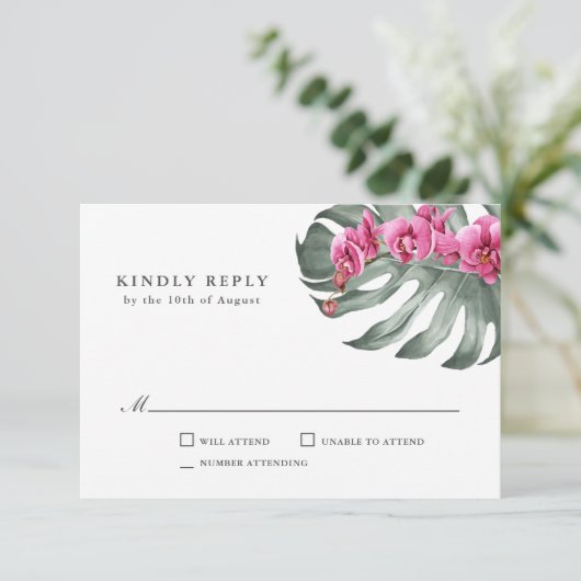 Hot Pink Orchids Tropical Wedding RSVP (Stehend Vorderseite)