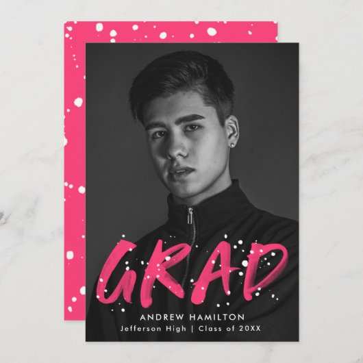 Hot Pink Paint Splatter Photo Graduation Party Einladung (Vorne/Hinten)