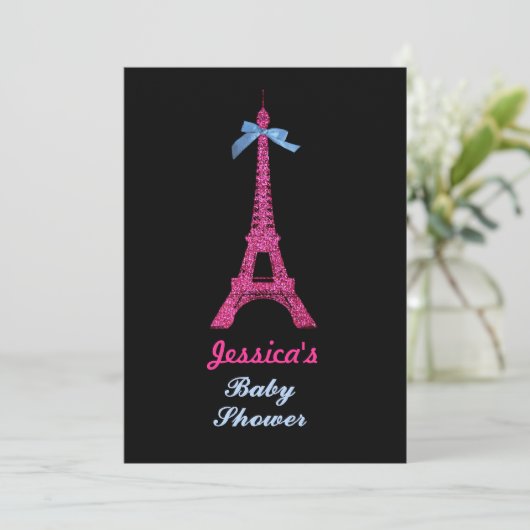 Hot Pink Paris Eiffel Tower Baby Dusche Party Einladung (Stehend Vorderseite)