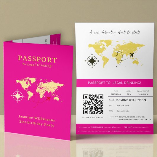 Hot Pink Passport Style 21st Birthday Party Ankündigung