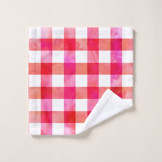 Hot Pink Peach Wasserfarbe Kariert Badhandtuch Set (Waschlappen)