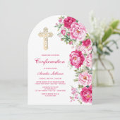 Hot Pink Peonies Arch Confirmation Einladung (Stehend Vorderseite)