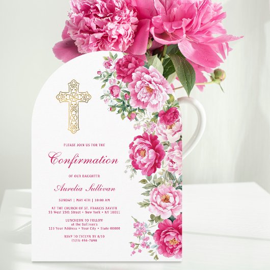 Hot Pink Peonies Arch Confirmation Einladung