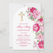 Hot Pink Peonies Arch First Communion Einladung (Vorderseite)